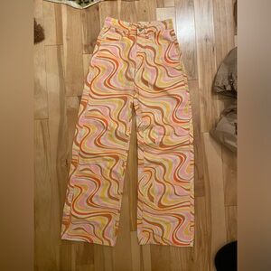 High rise wide leg 70s colorful swirl jeans